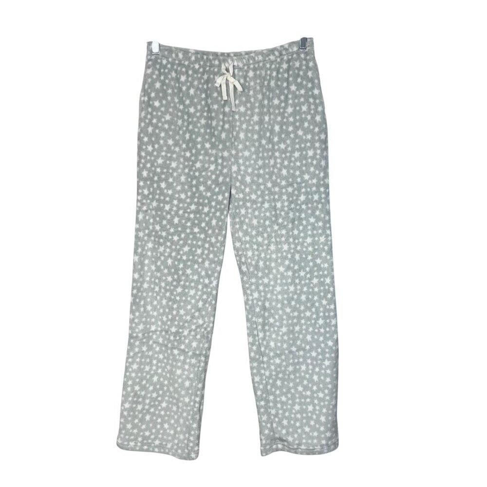 Bottoms Out Gal Fleece Pajama Pants Womens Large Gray White New Star Print